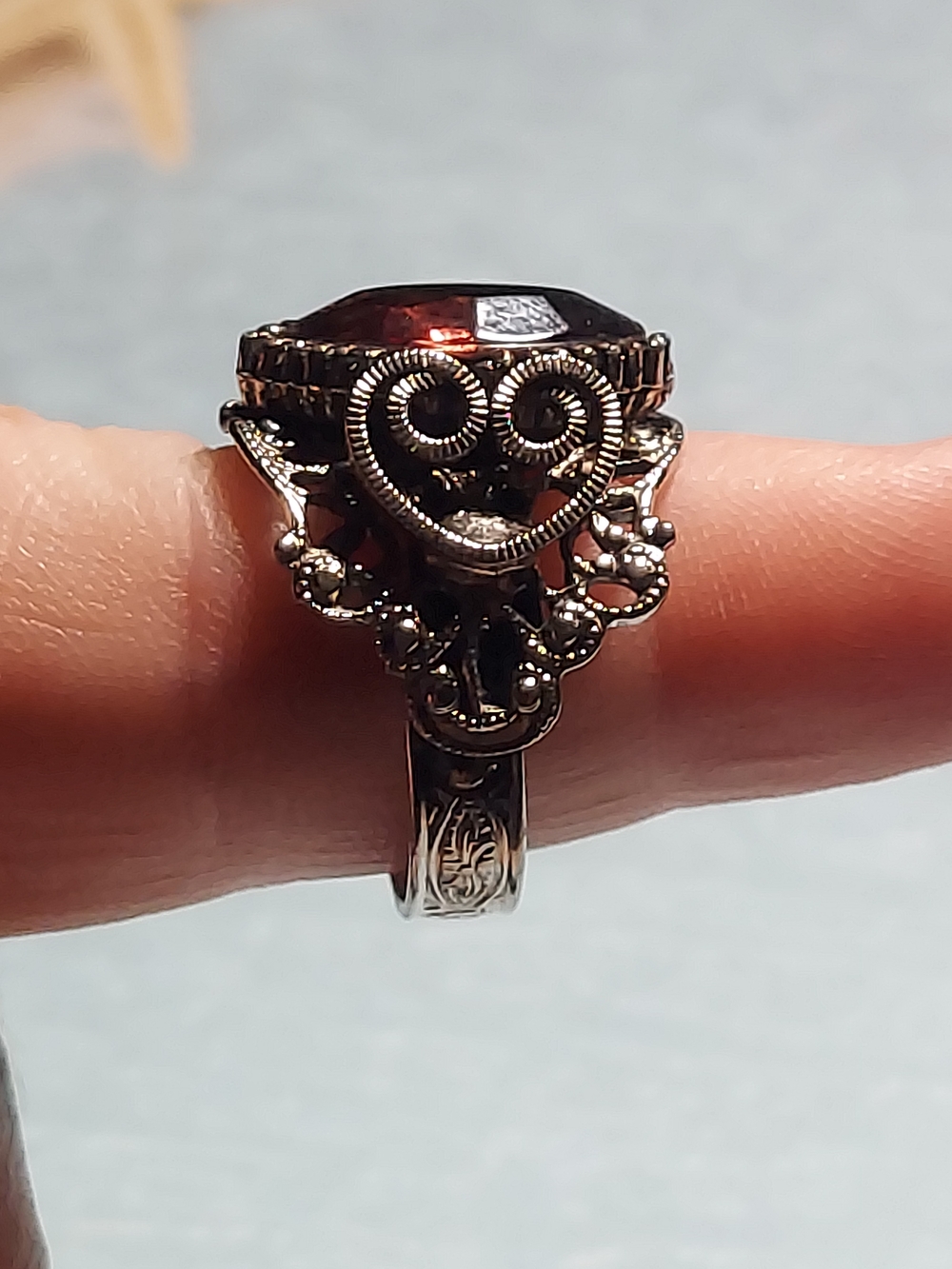 Vintage Silver Ornate Filigree Adjustable Faux Garnet Statement Ring